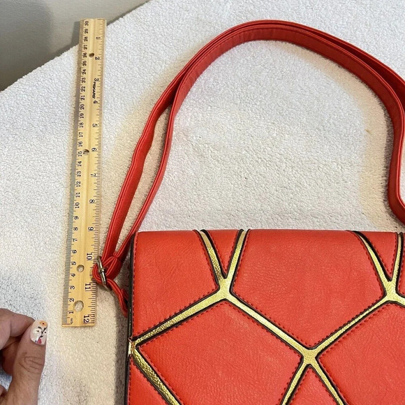 Geometric Puzzle Bag Women’s Red Orange Gold Small Rectangle Shoulder *read - Picture 3 of 16